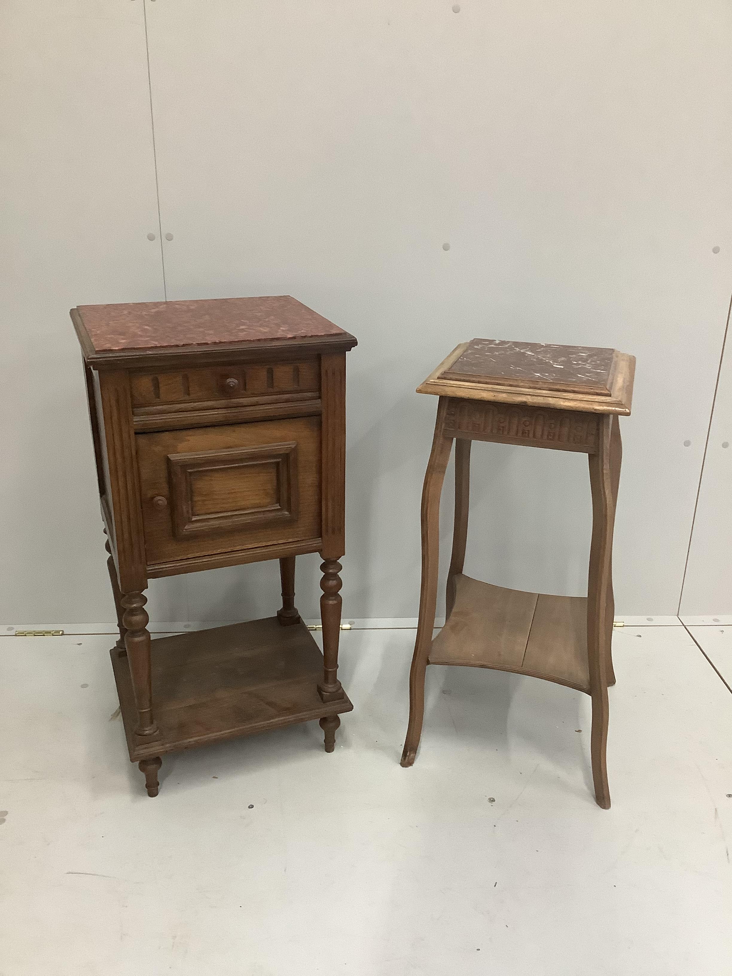 A late 19th century French bedside table and a small occasional table, both with marble tops